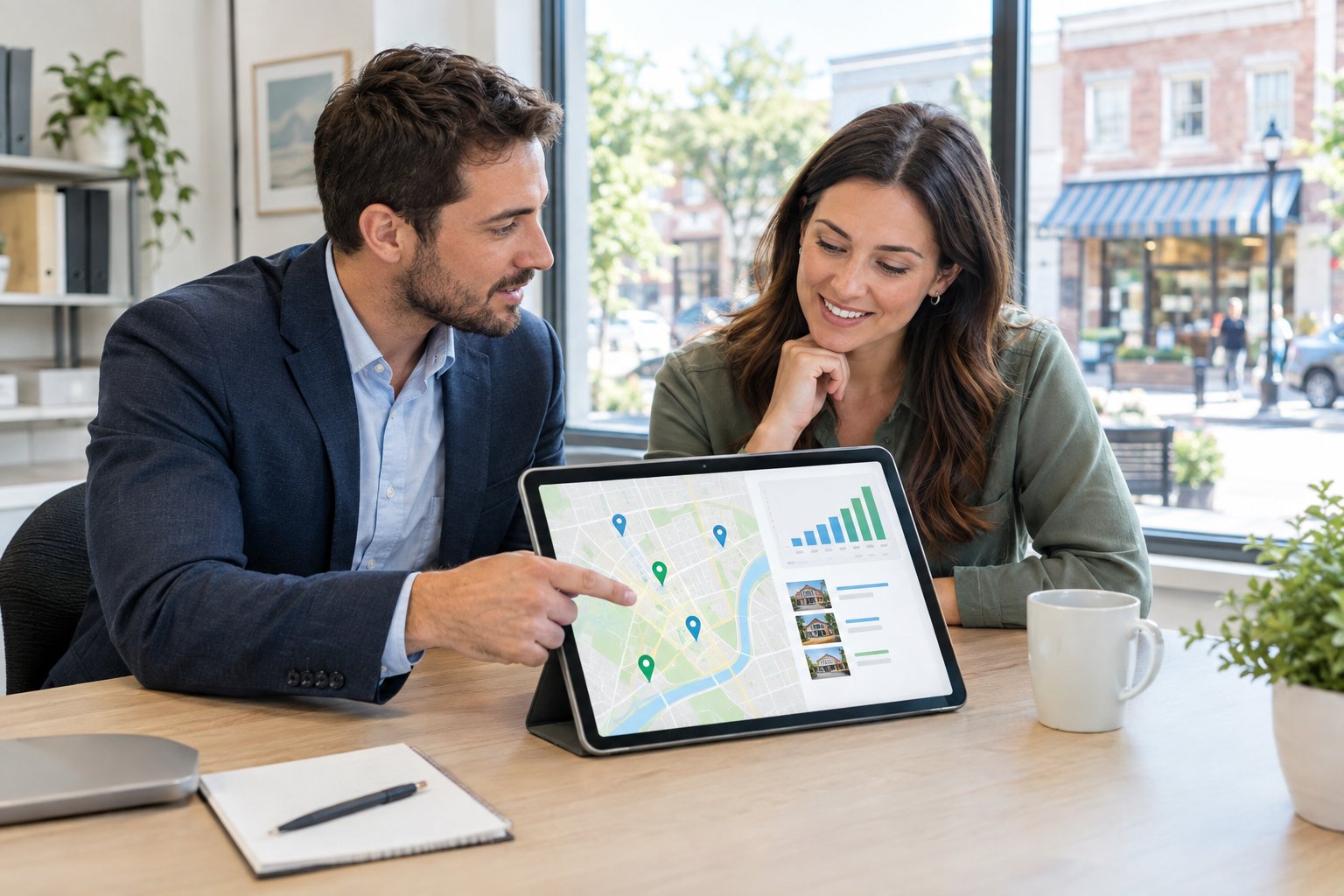 A small-business owner and marketing consultant review a local map on a tablet in an office.